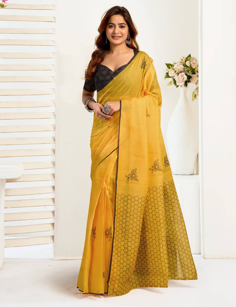 Mustard yellow linen geomatric printed ready to wear saree