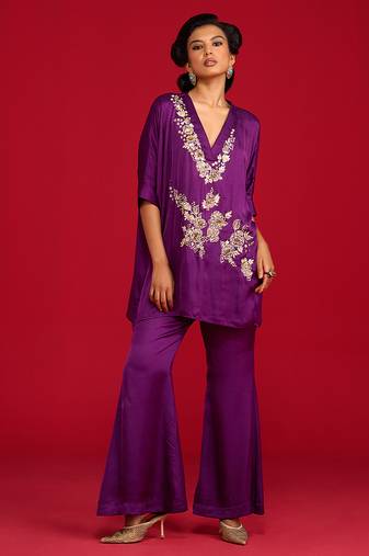 Purple embroidered satin co ord set