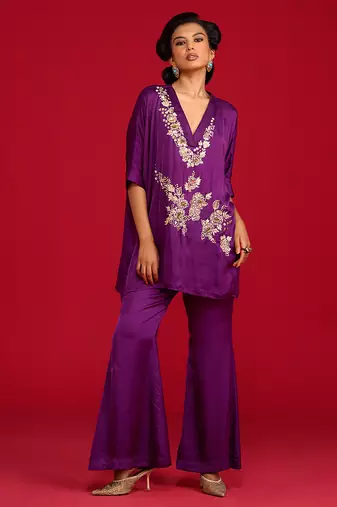 Purple embroidered satin co ord set