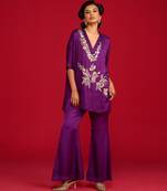 Purple embroidered satin co ord set