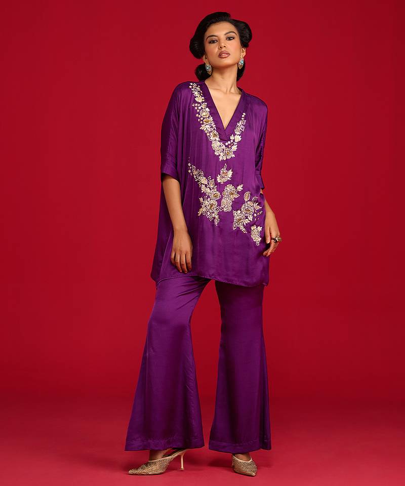 Purple embroidered satin co ord set