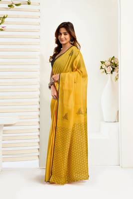Mustard yellow linen geomatric printed ready to wear saree 2