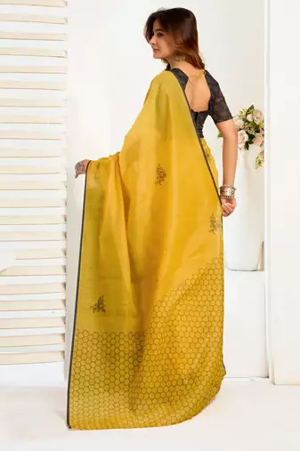 Mustard yellow linen geomatric printed ready to wear saree