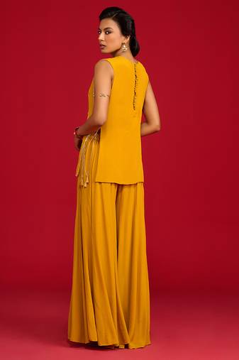 Yellow embroidered crepe sharara set