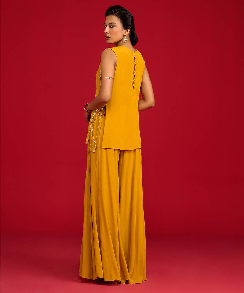 Yellow embroidered crepe sharara set