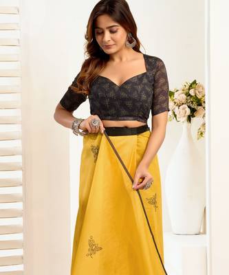 Mustard yellow linen geomatric printed ready to wear saree 5