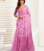Light pink linen ethnic motifs printed ready to wear saree