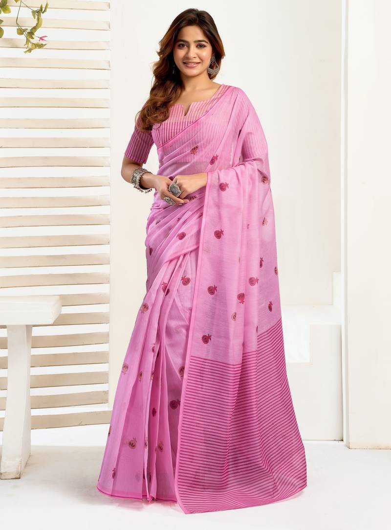 Light pink linen ethnic motifs printed ready to wear saree