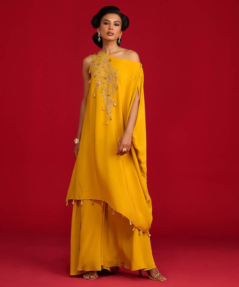 Yellow embroidered crepe kurta set