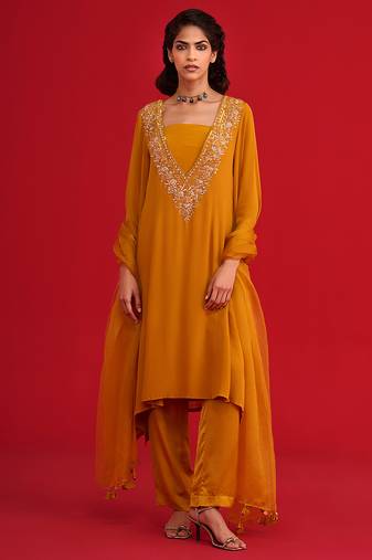 Orange embroidered crepe kurta set