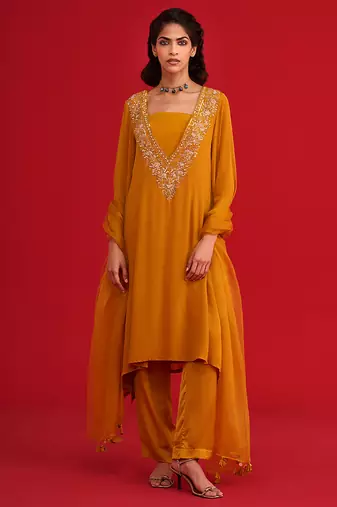 Orange embroidered crepe kurta set