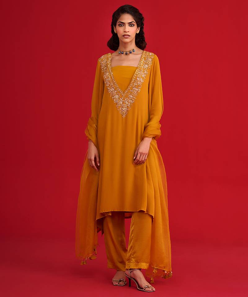 Orange embroidered crepe kurta set