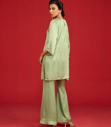 Green embroidered satin kurta set