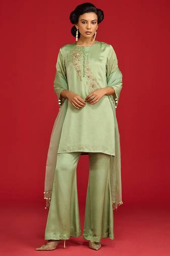 Green embroidered satin kurta set