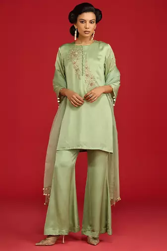 Green embroidered satin kurta set