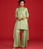 Green embroidered satin kurta set