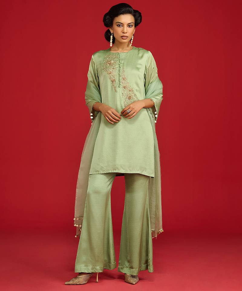 Green embroidered satin kurta set