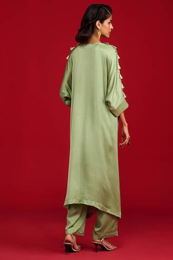 Green embroidered satin kurta set