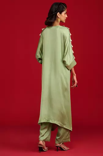 Green embroidered satin kurta set