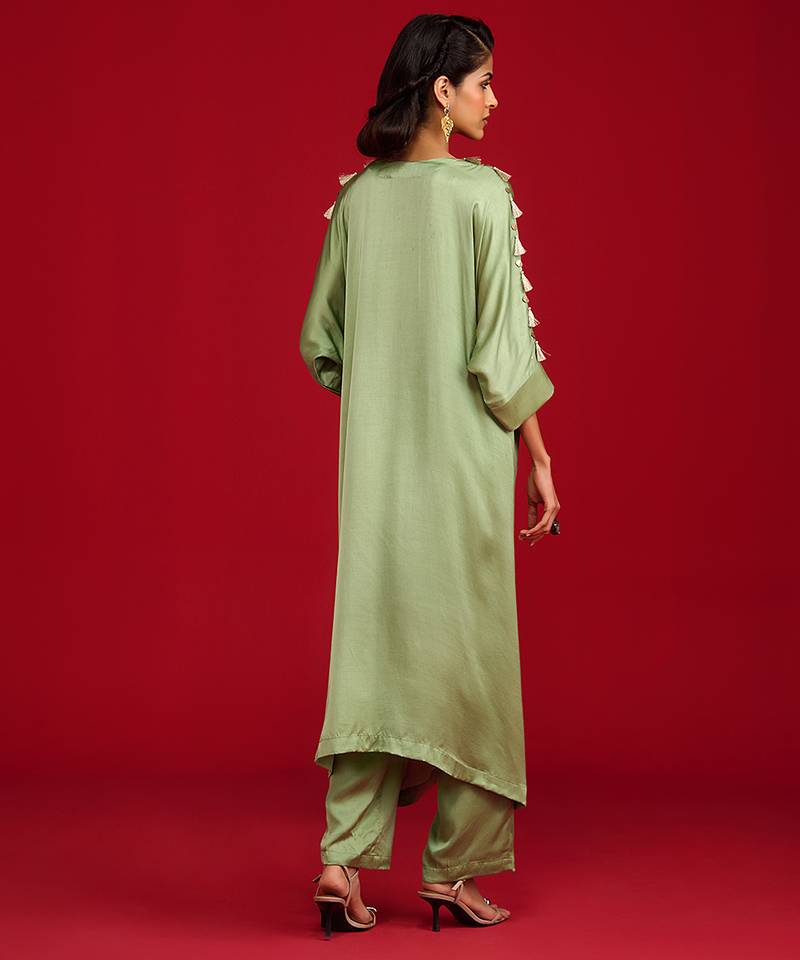Green embroidered satin kurta set