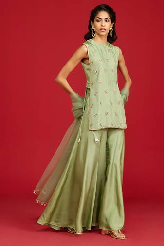 Green embroidered silk sharara set