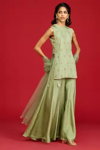 Green embroidered silk sharara set