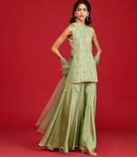 Green embroidered silk sharara set