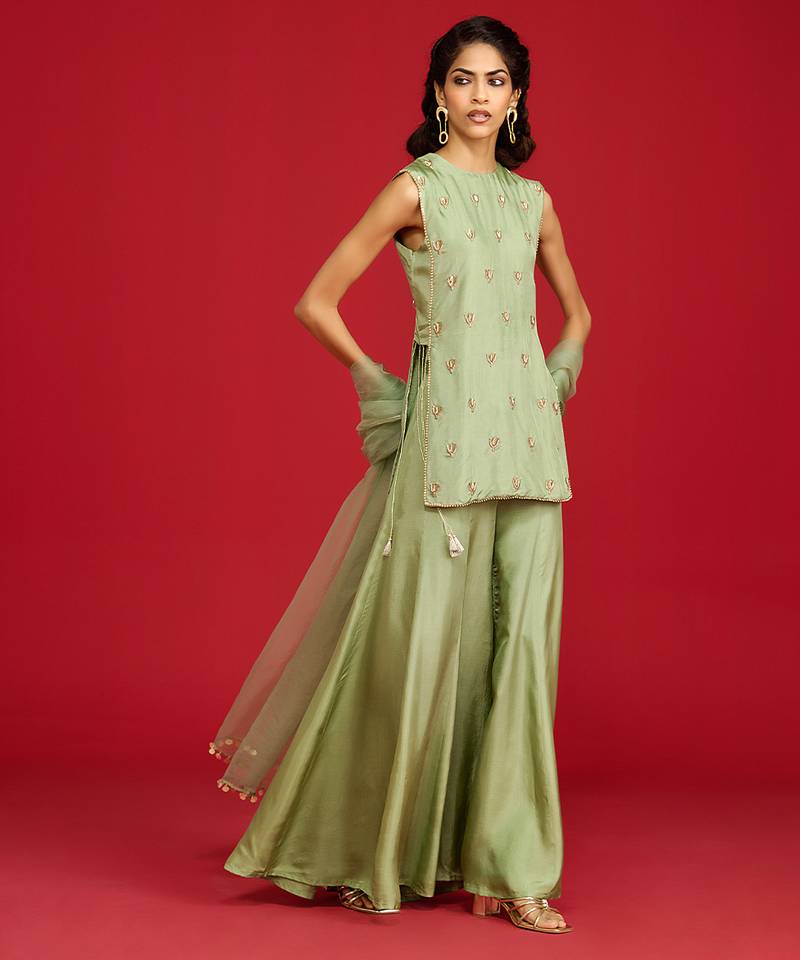 Green embroidered silk sharara set