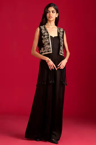 Black embroidered satin co ord set with jacket