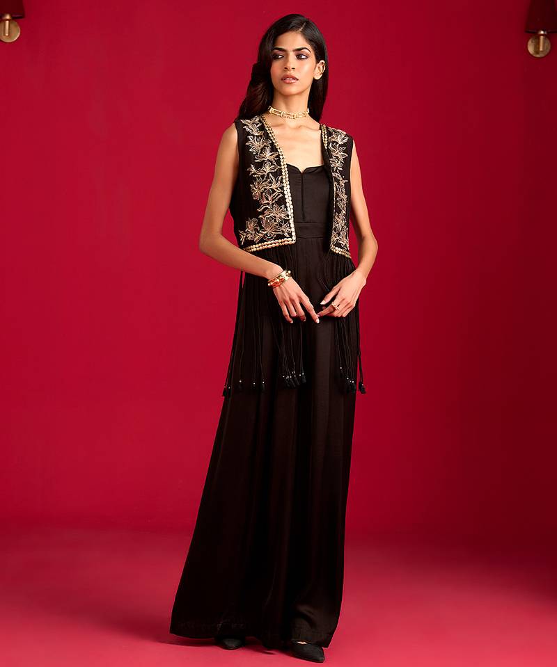Black embroidered satin co ord set with jacket