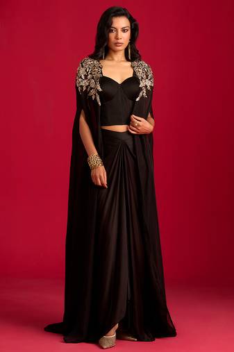 Black embroidered satin co ord set with Cape