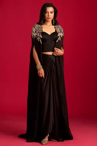 Black embroidered satin co ord set with Cape
