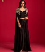 Black embroidered satin co ord set with Cape