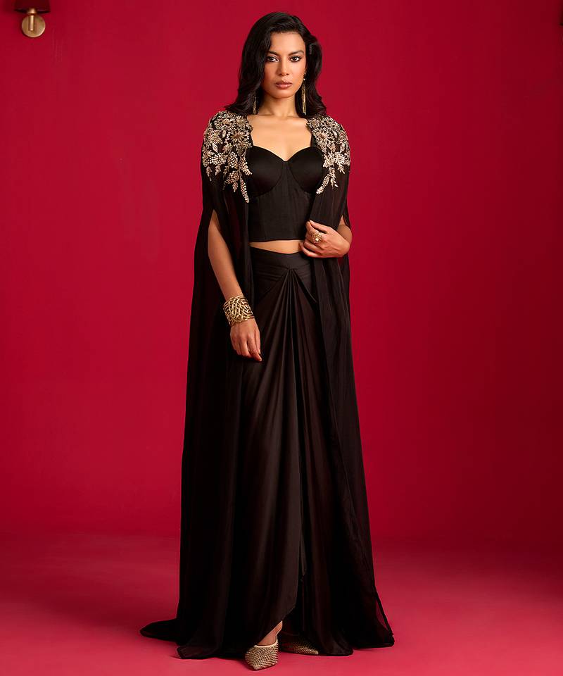 Black embroidered satin co ord set with Cape