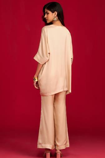 Beige embroidered satin kurta set