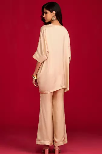 Beige embroidered satin kurta set