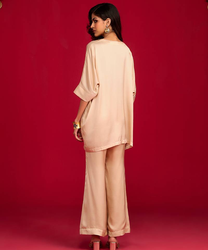 Beige embroidered satin kurta set