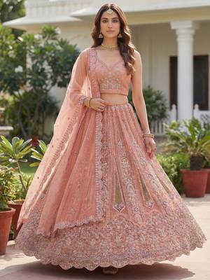 peach dori embroidered work net lehenga set choli with dupatta 1