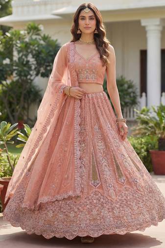 peach dori embroidered work net lehenga set choli with dupatta
