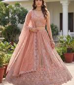 peach dori embroidered work net lehenga set choli with dupatta