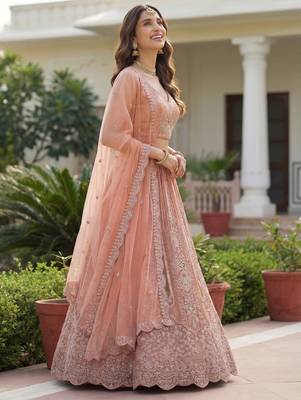 peach dori embroidered work net lehenga set choli with dupatta 2