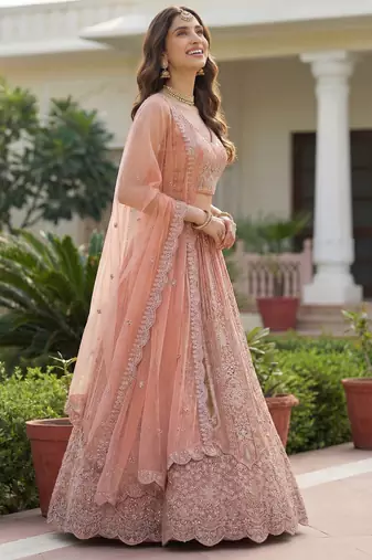peach dori embroidered work net lehenga set choli with dupatta