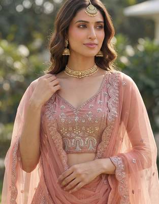 peach dori embroidered work net lehenga set choli with dupatta 3