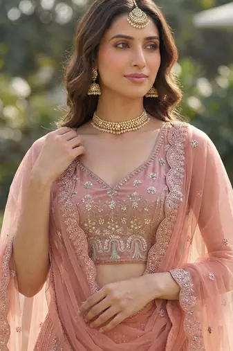 peach dori embroidered work net lehenga set choli with dupatta