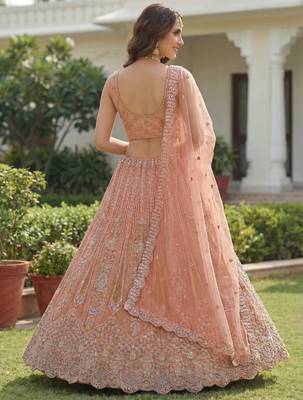 peach dori embroidered work net lehenga set choli with dupatta 4