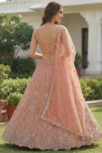 peach dori embroidered work net lehenga set choli with dupatta