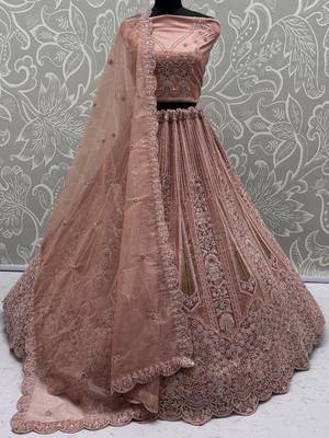 peach dori embroidered work net lehenga set choli with dupatta 5