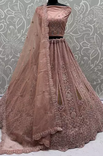 peach dori embroidered work net lehenga set choli with dupatta