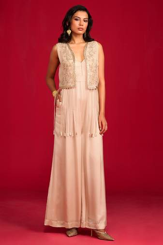 Beige embroidered satin co ord set with Jacket