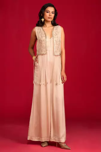 Beige embroidered satin co ord set with Jacket